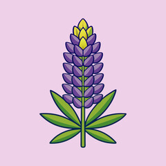 Vibrant Purple Lupine Flower with Green Leaves Botanical Illustration