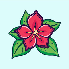 Vibrant Red Flower with Lush Green Leaves Botanical Illustration