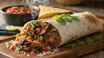 Steaming Burrito with Rice, Beans and Cilantro Close-up Food Photography, Mexican Cuisine, Wooden Board Composition, Delicious Burrito Recipe Burrito, Mexican food