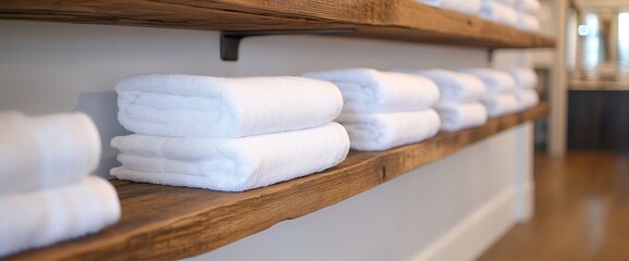 White folded towels stacked on rustic wooden shelves