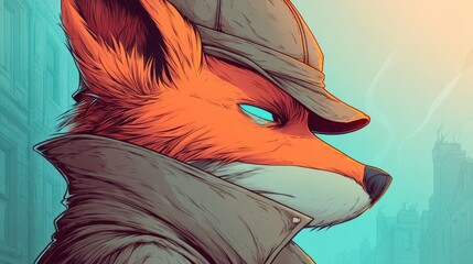 Anthropomorphic fox detective in trench coat and hat, side view, urban background, cartoon style, vibrant colors, mysterious atmosphere.