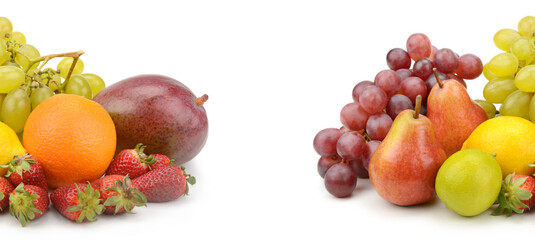 Many fresh ripe fruits isolated on white background. Collage.