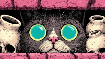 Surreal cat with large turquoise eyes peeking through a pink brick wall, surrounded by skulls and vases. Vibrant fantasy illustration with bold colors and unique style.