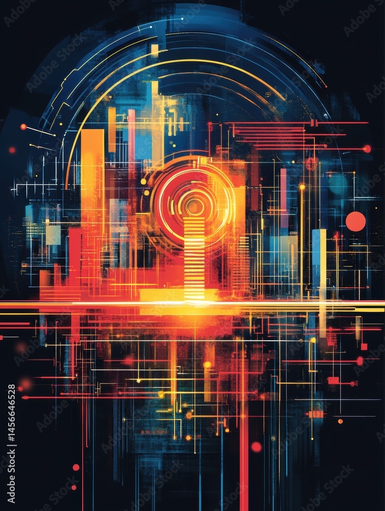 Poster abstract technology artwork featuring geometric shapes and vibrant colors in a digital painting styl
