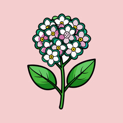 Charming illustration of a delicate flower cluster with pink and white blossoms and vibrant green leaves