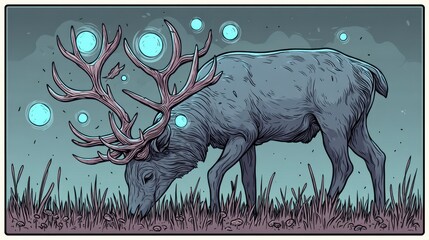 Mystical deer with large antlers grazing at night surrounded by glowing orbs in a fantasy landscape. Enchanted forest scene with magical atmosphere.