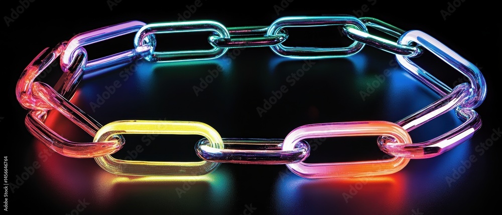 Aufkleber luminous chain links glowing on a black surface with vibrant colors and reflections for a modern aes