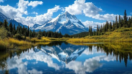 Majestic mountain reflecting in tranquil lake