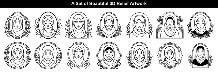 Set of Line Art Muslim Women Portraits in Hijabs with Floral on Transparent