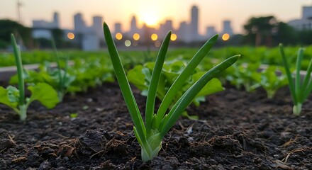 a high angle shot focusing closely on a vibrant green onion sprouting in a bustling vegetable garden, the verdant leaves unfurl delicately, each vein and texture accentuated by the macro lens
