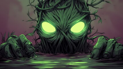 Green monster face with glowing eyes emerging from water, surrounded by branches and leaves, in a vibrant cartoon style.