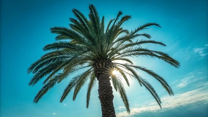 Sunlit Palm Tree Silhouette Low Angle Composition, Vibrant Blue Sky, Summer Concept Palm tree, summer vacation