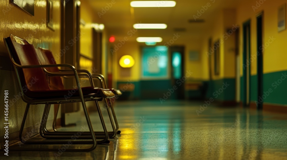 Poster empty chairs in a hospital hallway with a blurred background and a yellow and blue color scheme