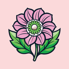 Lovely Pink Flower with Green Leaves Botanical Illustration