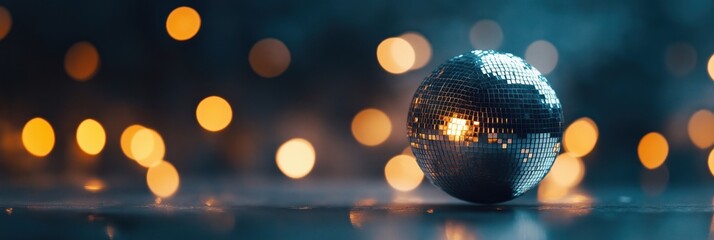 Reflective disco ball illuminated by colorful lights on a dark background