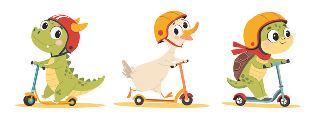 Cute animals riding a scooter. Happy animals with helmet on scooter. Vector children's illustration on white background.