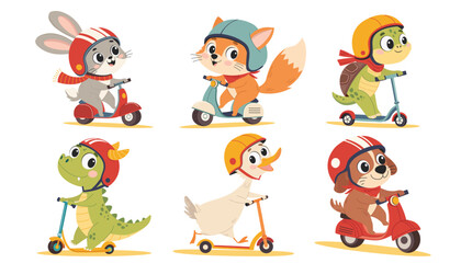 Cute animals riding a scooter. Happy animals with helmet on scooter. Vector children's illustration on white background.