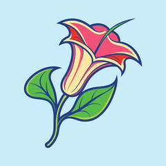 Vibrant Pink and Yellow Flower with Green Leaves Botanical Illustration