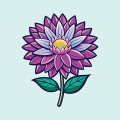 Vibrant Purple and Lavender Flower with Green Leaves Detailed Illustration