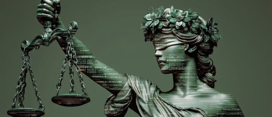 A Lady Justice statue is set against a backdrop of digital code, providing ample copy space for personalized text in a graphic format