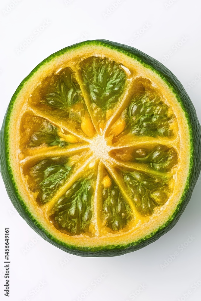 Poster Cross Section of Citrus Fruit on White Background Close Up Studio Shot Showing Segments and Pulp