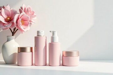 Clean, minimalist white backdrop for cosmetic product display, studio, mockup