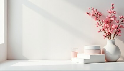 Clean, minimalist white backdrop for cosmetic display, image, texture, stock