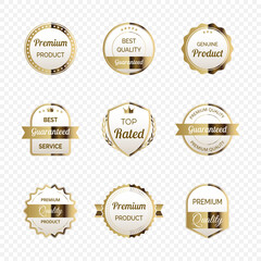 Elegant white and gold label set with luxury design. Ideal for best quality tags, award emblems and certified seals for top rated products. Premium vector badges for branding and packaging.