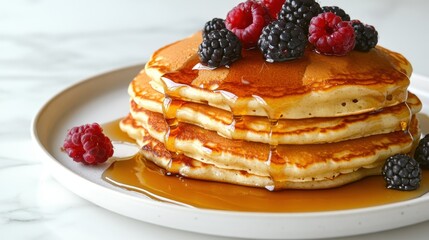 Fluffy pancakes with maple syrup and berries on white backdrop