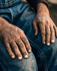 Fototapeta premium Hands of hard work denim jeans closeup emotional shot after a long workday personal reflection