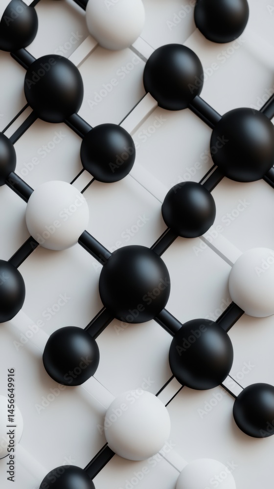 Aufkleber abstract molecular structure close-up overhead view black and white spheres connected by rods on whi