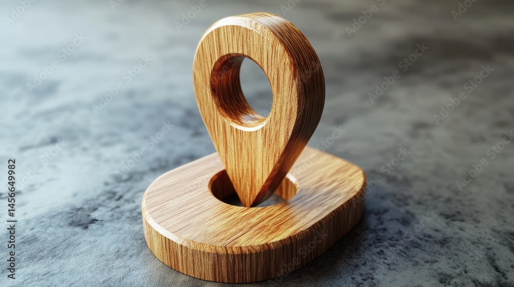 Poster wooden location pin close up still life on textured gray surface indicating position or navigation f