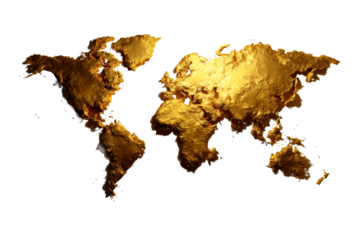 Gold textured world map on transparent background for design projects