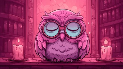 Cute pink owl with glasses sitting between two candles in a magical library, cartoon style.