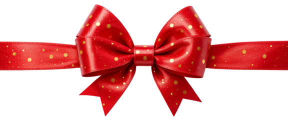 Shiny red ribbon with golden polka dots, tied into a festive and charming holiday bow, isolated on a transparent background