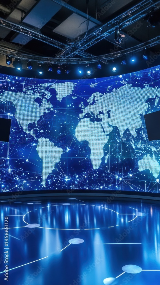 Poster futuristic news studio set with world map display and blue lighting modern design and technology for