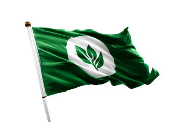 Green flag with a white circular emblem and leaf design