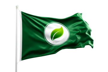 Green flag with leaf logo waving on transparent background