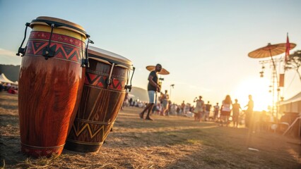 Obraz premium Sunset Conga Drums at Music Festival, Percussion, Summer Festival Percussion, Festival