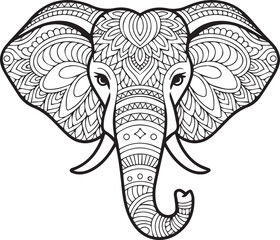 Obraz premium Elephant head mandala decorative coloring page for adults, black line art vector illustration for design element
