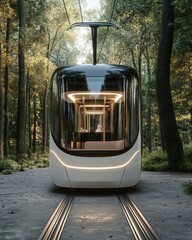 Modern futuristic tram car travels through forest setting low angle view public transportation innovation