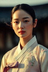 Close-up of a Young Woman in Hanbok with Gentle Lighting(Generative AI)