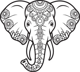 Fototapeta premium Elephant head mandala decorative coloring page for adults, black line art vector illustration for design element