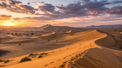 Fototapeta premium Sunset over Maranjab Desert Dunes Landscape Photography, Golden Hour, Sand Dunes, Iran, Desert Landscape, Footprints Desert, Iran
