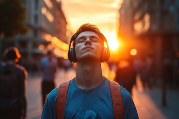 Man in headphones immersed in music at sunset