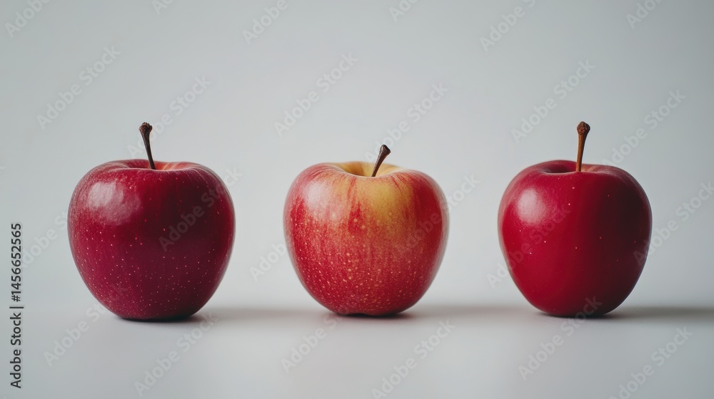 Poster three fresh apples in a row still life studio shot eye level view healthy eating concept fruit displ