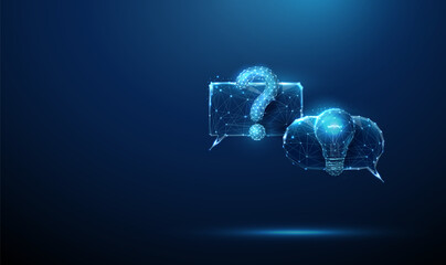Blue futuristic chat bubbles with question mark and light bulb AI-driven conversation, idea generation, smart problem-solving