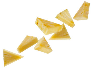 Absolutely peeled pineapple slices one eighth of a circle fly space forming a chain shape. Isolated...