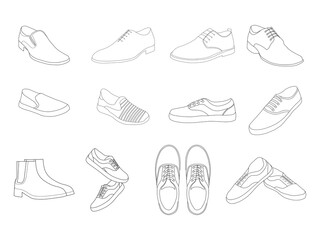 Men's shoes hand drawn collection.Various types of male shoes casual boots, sneakers, formal shoes, vector sketch illustration,front, back, top, side, sneakers, isolated on white background.