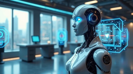 High-resolution stock photo of a sleek, silver Humanoid robot with glowing blue LED eyes, surrounded by holographic screens and neon lights in a futuristic laboratory or industrial environment